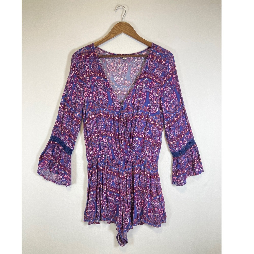 Boho Floral American Eagle‎ Womens Small Purple Bell Sleeve Lace Trim Romper